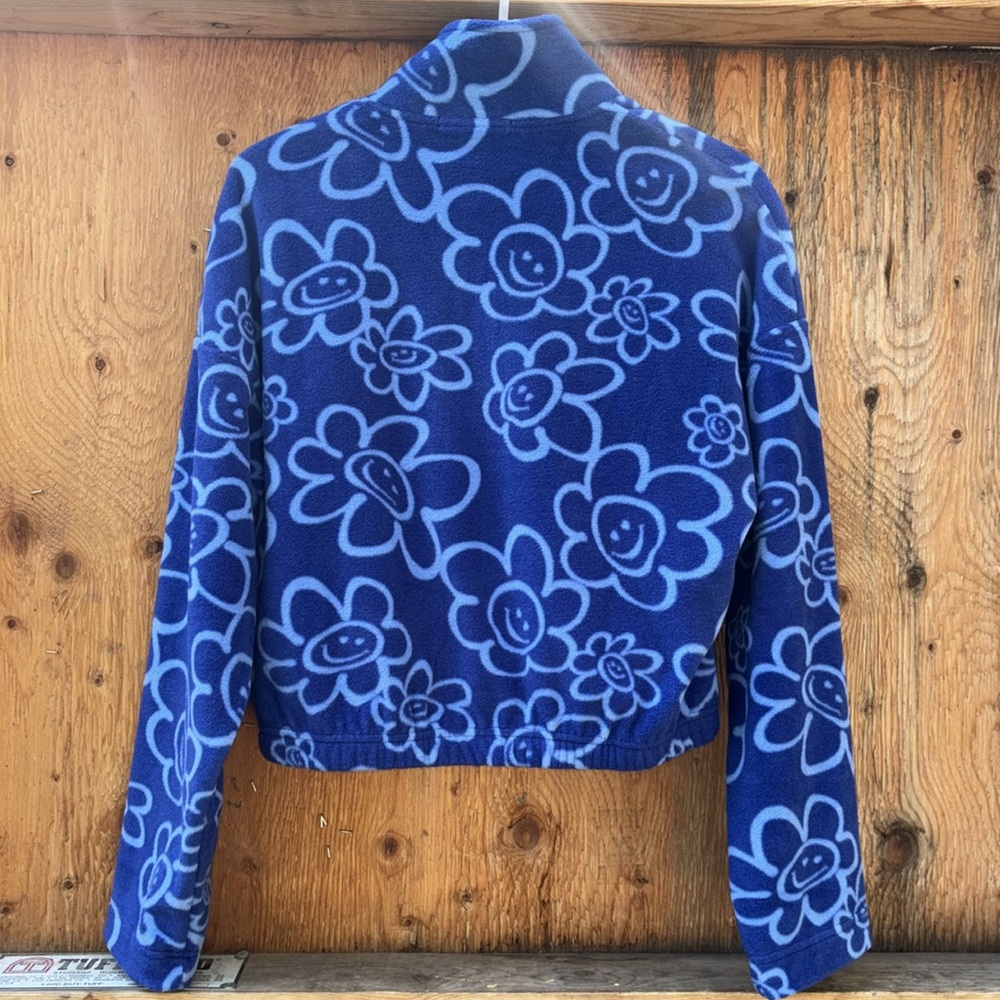 Forever 21 Cropped Half-Zip Floral š Smiley Face Pullover, Size Small - Picture 2 of 15
